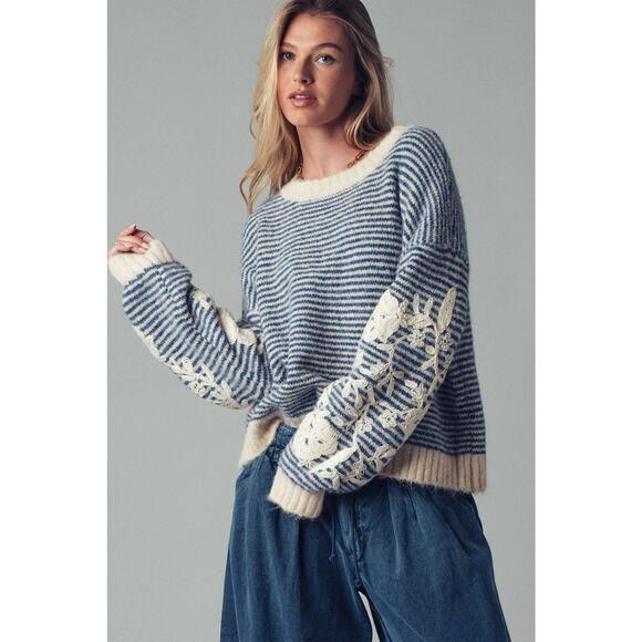 Urban Daizy Floral Embroidered Striped Knit Sweater - Picture 2 of 11